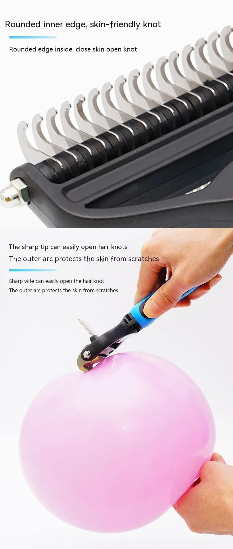 Two-in-one pet hair unknotting comb with dense and sparse teeth in black, blue, and pink - small and large sizes