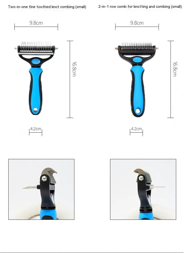Two-in-one pet hair unknotting comb with dense and sparse teeth in black, blue, and pink - small and large sizes