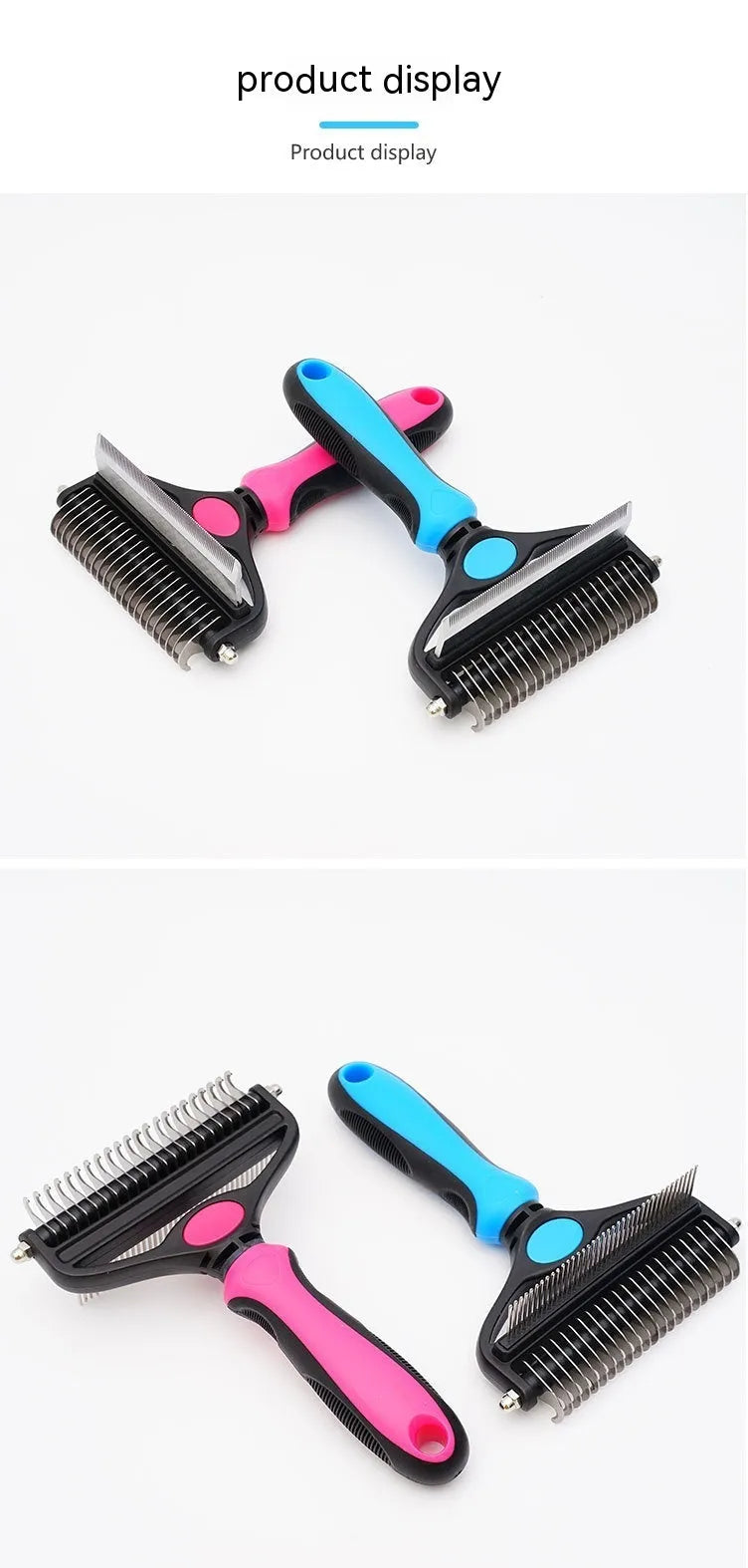Two-in-one pet hair unknotting comb with dense and sparse teeth in black, blue, and pink - small and large sizes