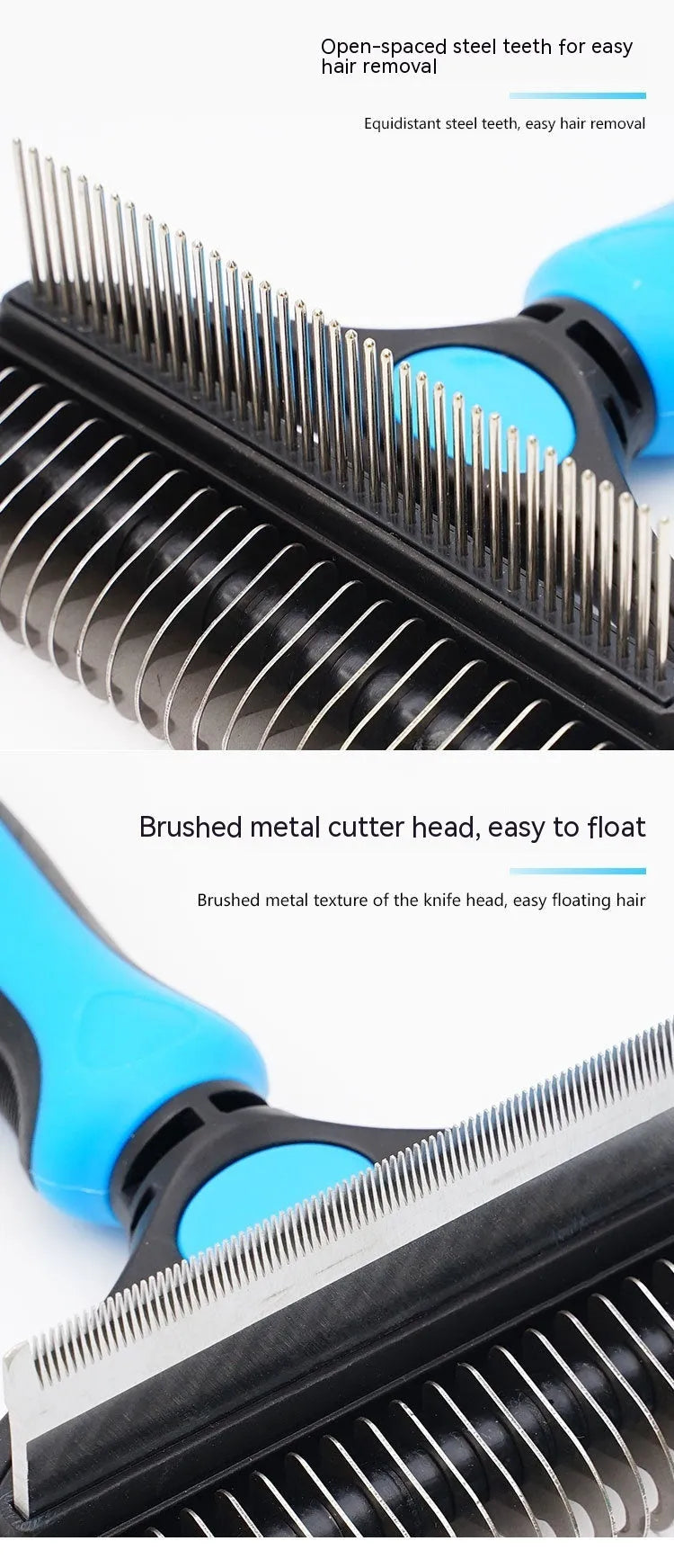 Two-in-one pet hair unknotting comb with dense and sparse teeth in black, blue, and pink - small and large sizes