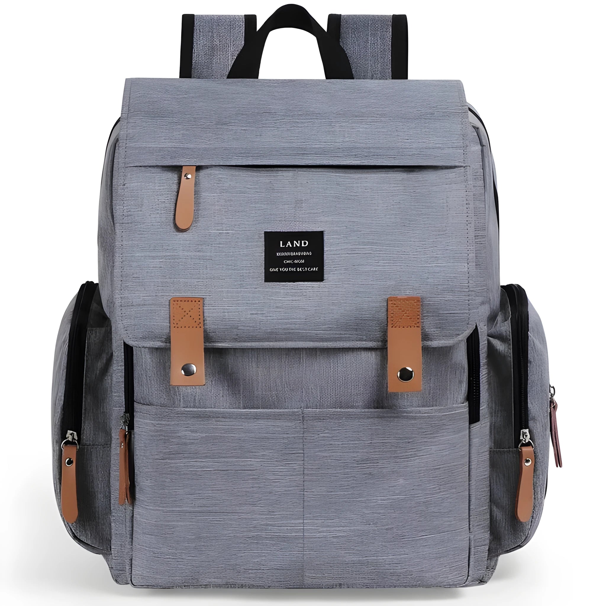 LAND Mommy large grey Oxford cloth diaper backpack with changing mat, shown on a table