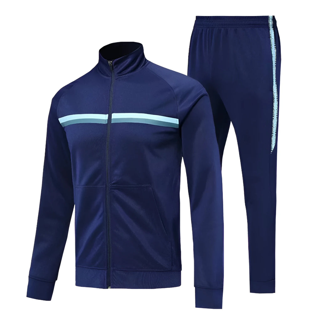 Blue men's casual suit with stand collar and matching trousers, long sleeves, autumn wear