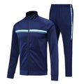 Blue men's casual suit with stand collar and matching trousers, long sleeves, autumn wear