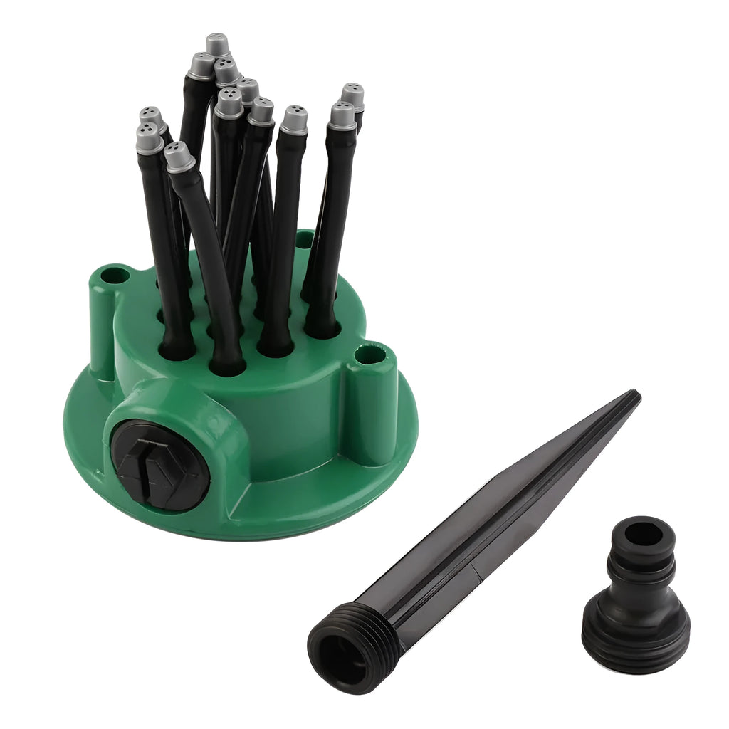 Green adjustable lawn sprinkler with bendable nozzles on 9 cm circular base