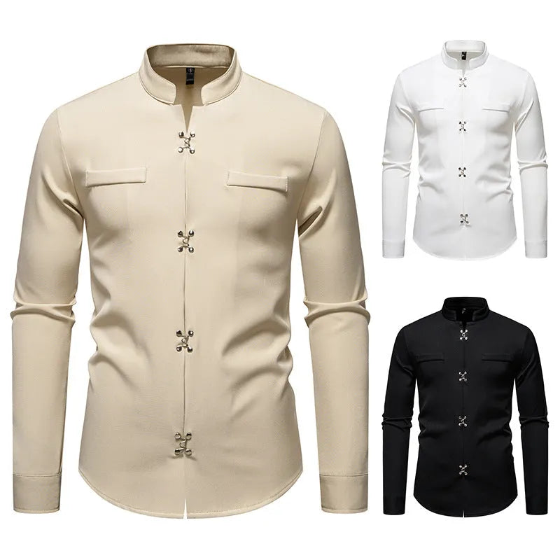 Men's long-sleeved polyester slim-fit cardigan-style casual shirt in white, black, and khaki, sizes S to 2XL