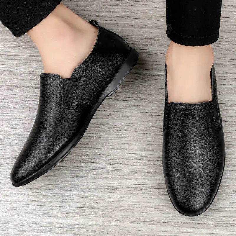 Men's black leather business shoes with rounded toe and breathable construction on size guide