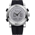 Double display luminous electronic watch with black dial and silver case on wrist