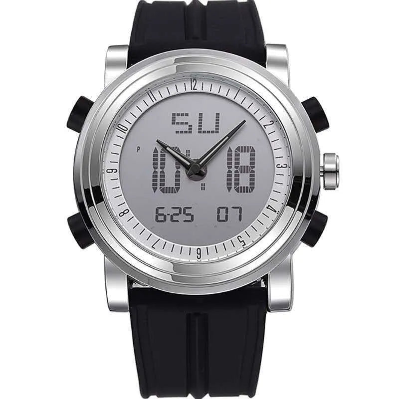 Double display luminous electronic watch with black dial and silver case on wrist