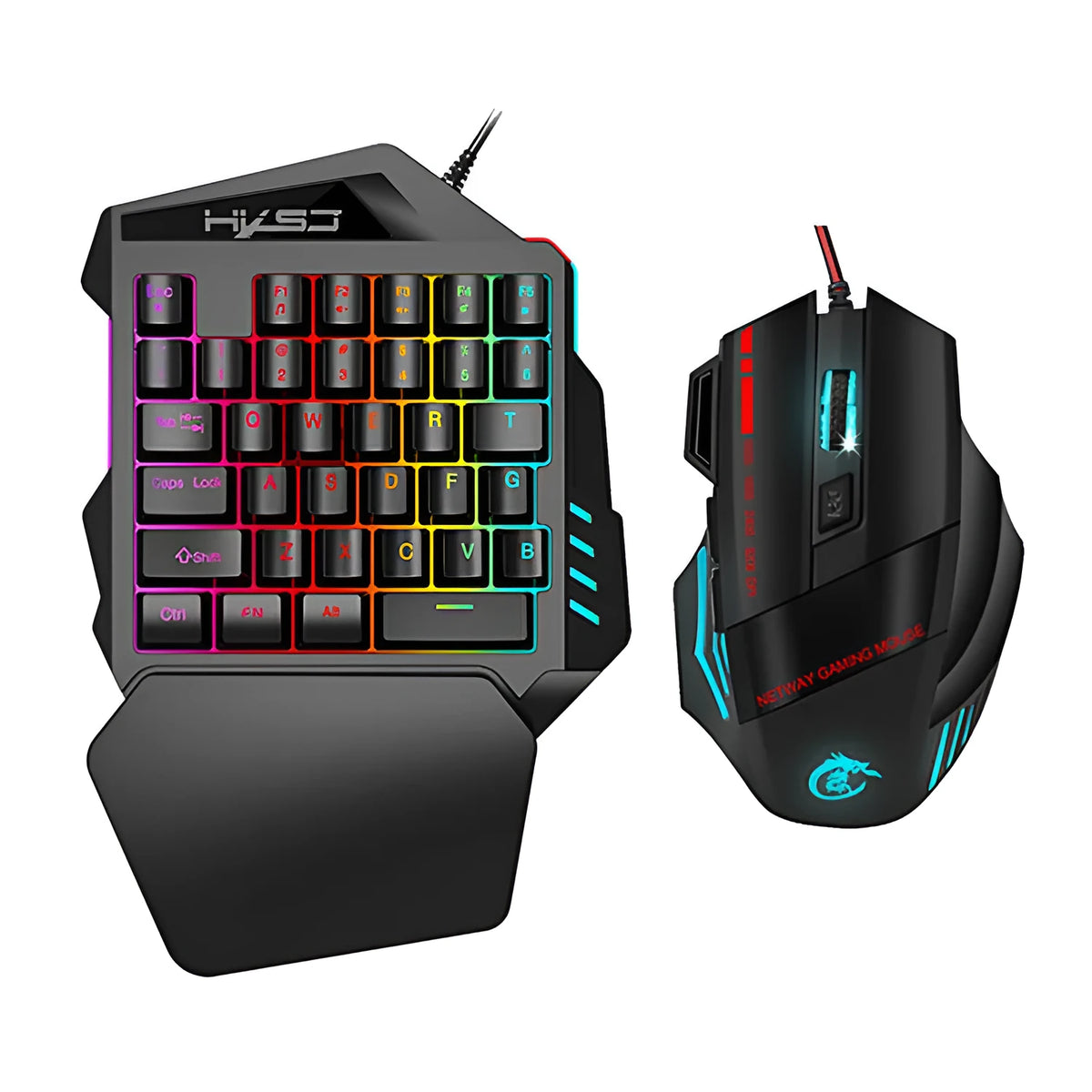 V100 one-handed mini portable black gaming keyboard and mouse set with USB 2.0, 35 keys, and 1.6m cable