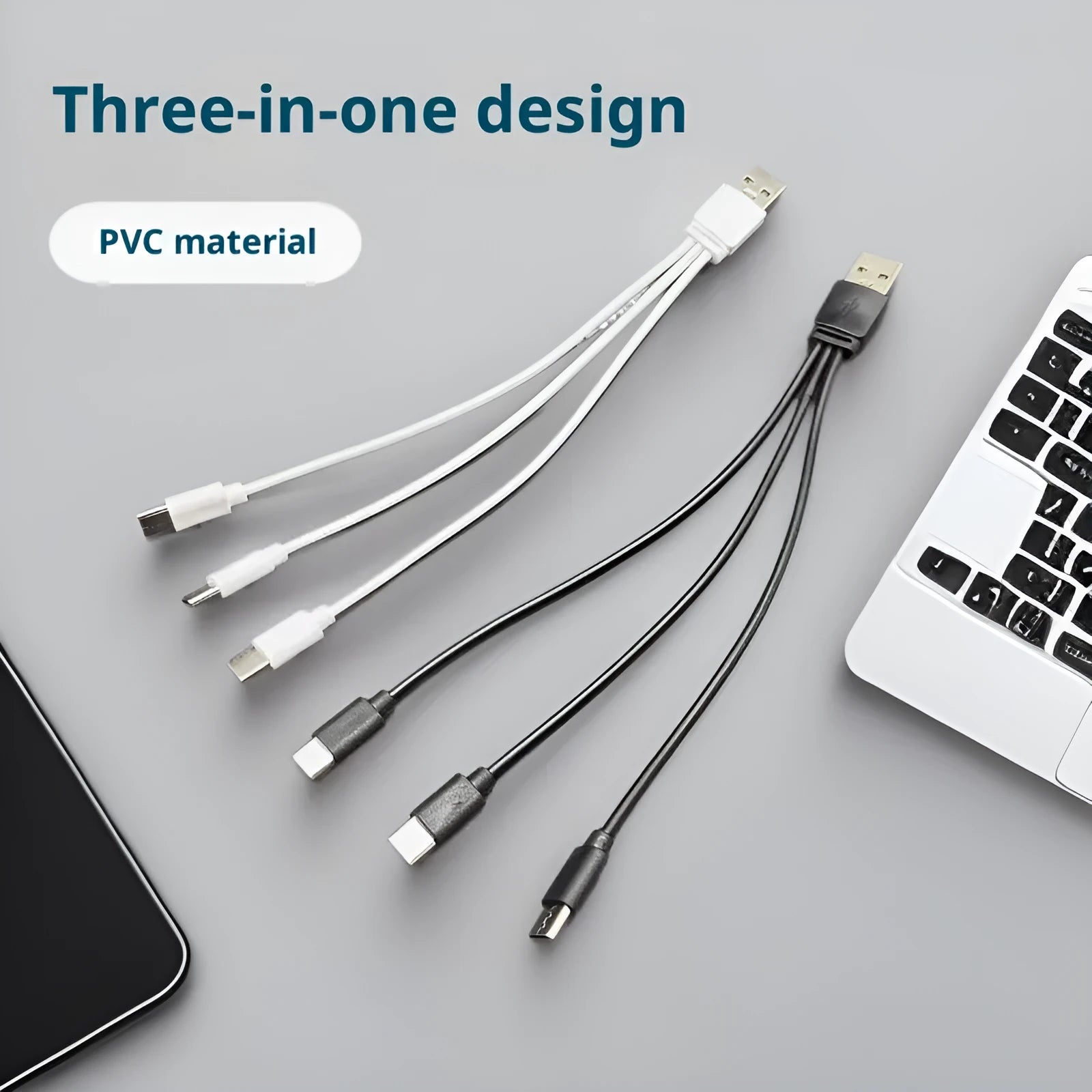 USB to three Type-C charging cable three-in-one design black PVC material