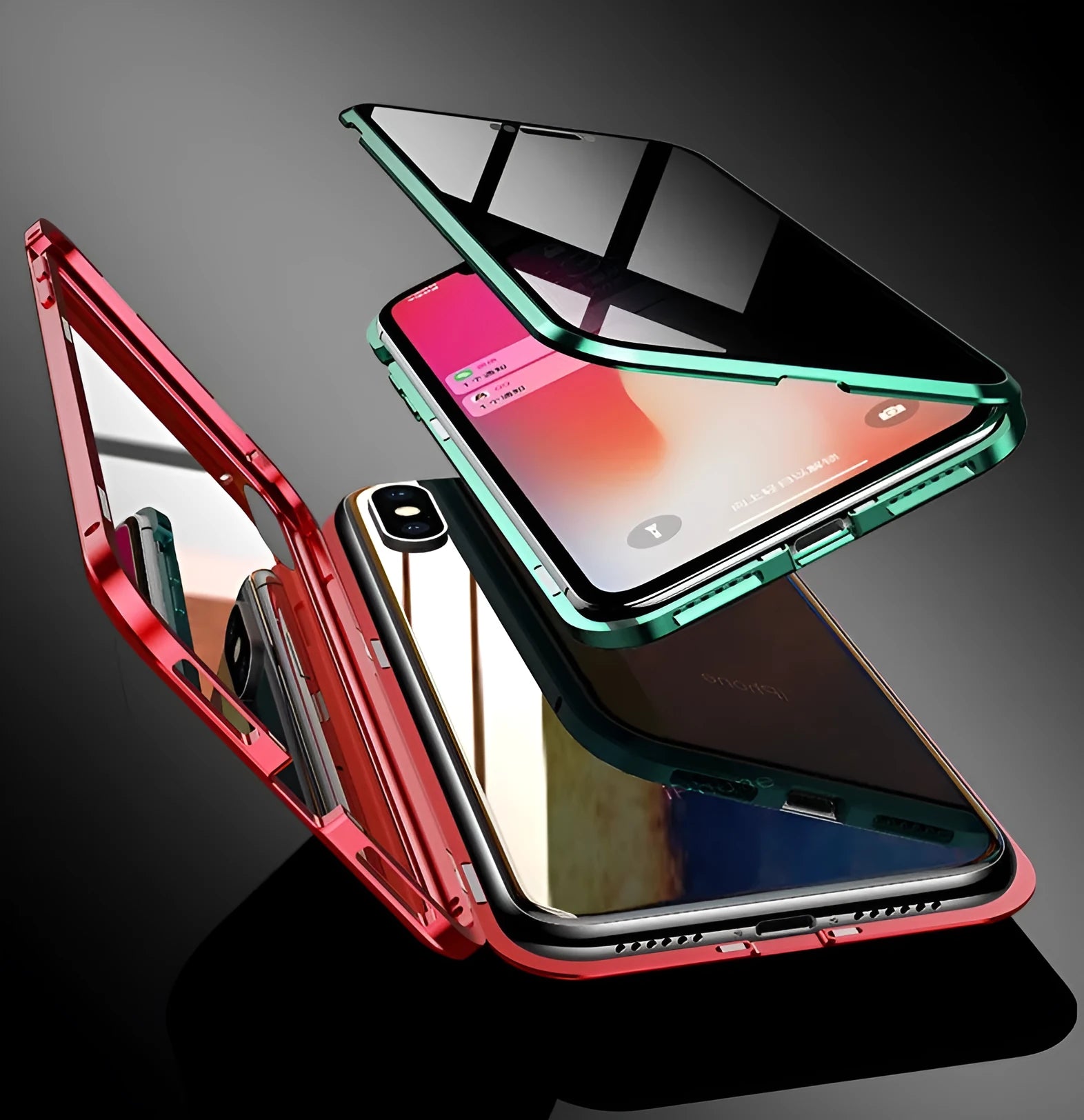 Samsung smartphone in a black clamshell magnetic case with anti-peeping screen, shown open and closed.