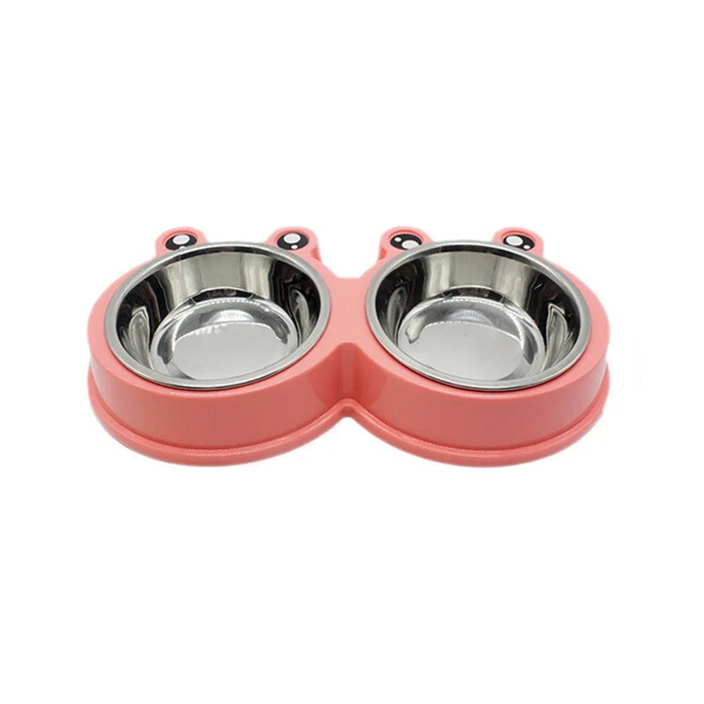 Double pet bowl with stainless steel compartments and pink ABS outer rim, 28cm long