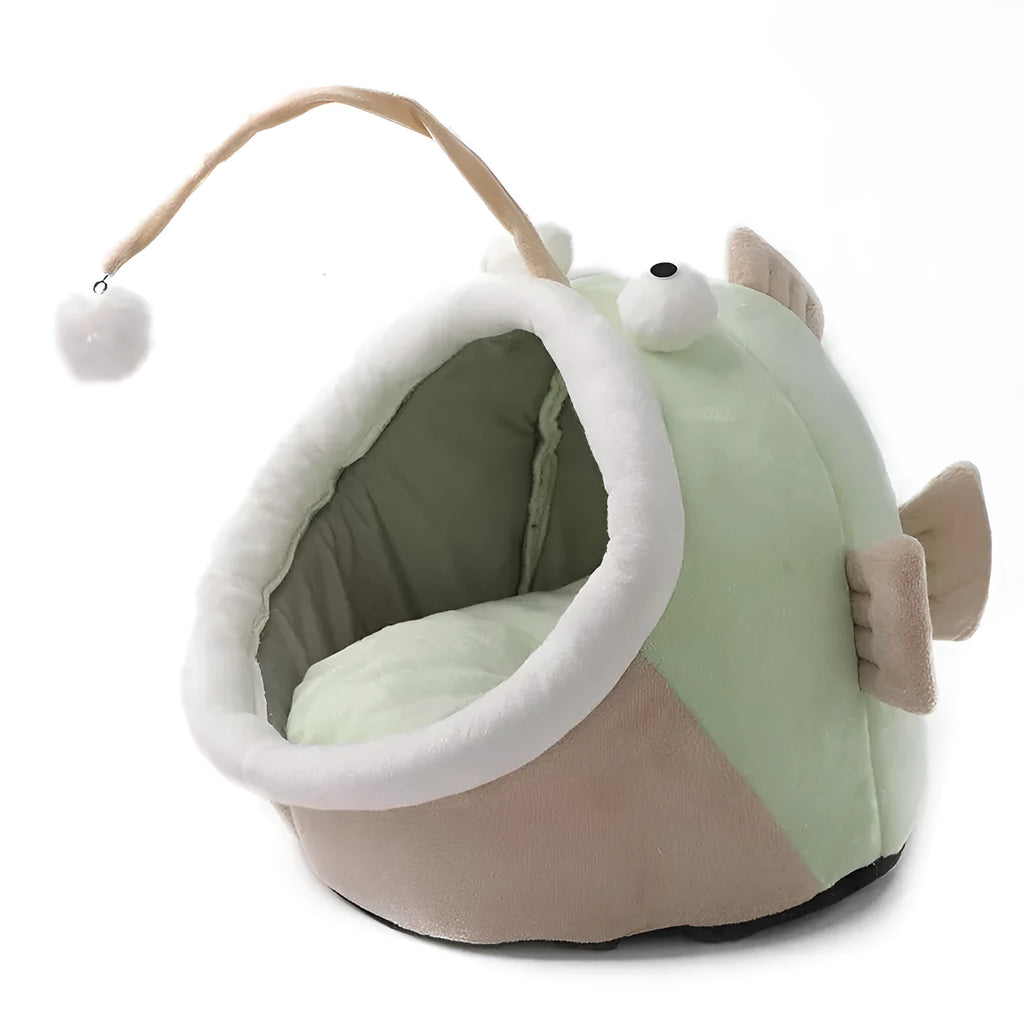 Deerskin velvet semi-closed cat house lantern fish design in grey, shown in small medium large sizes