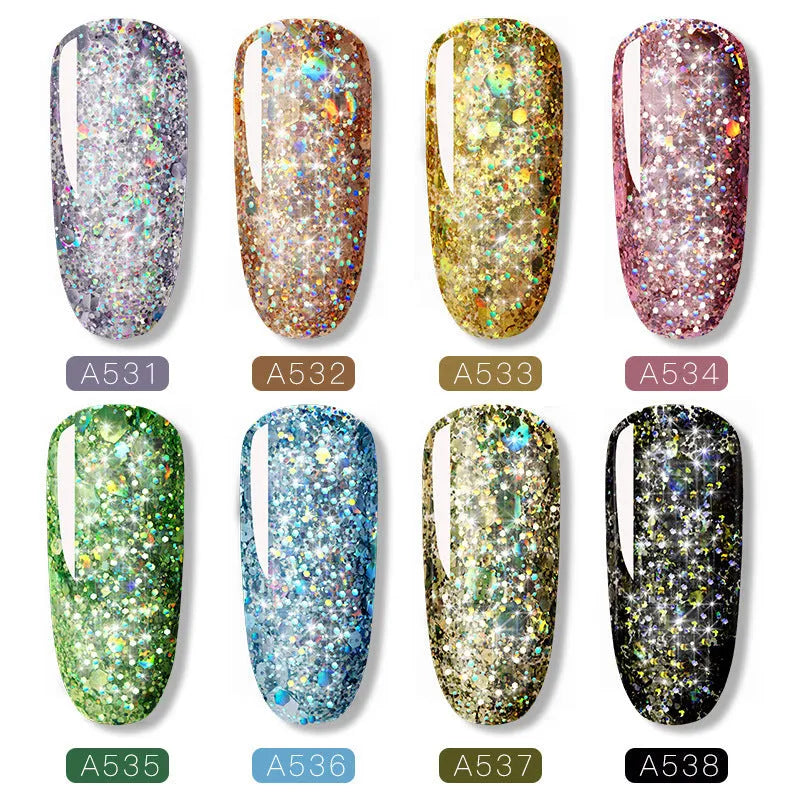 Set of eight colourful nail polish bottles in shades RFA531 to RFA538 with chip-resistant formula