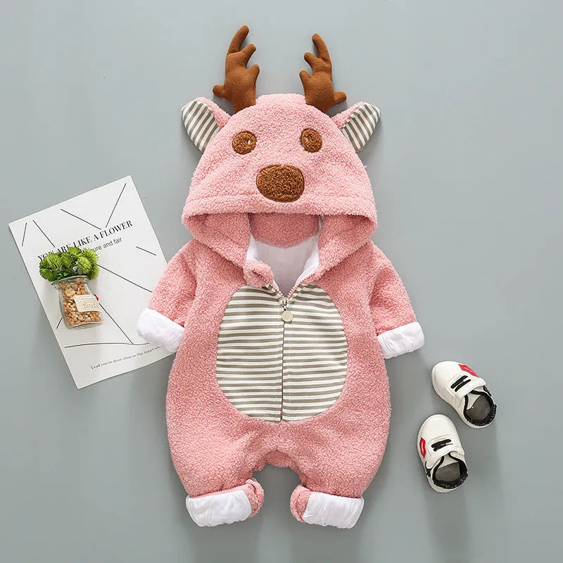 Long-sleeved baby romper with front lace-up strap closure in a khaki colour.