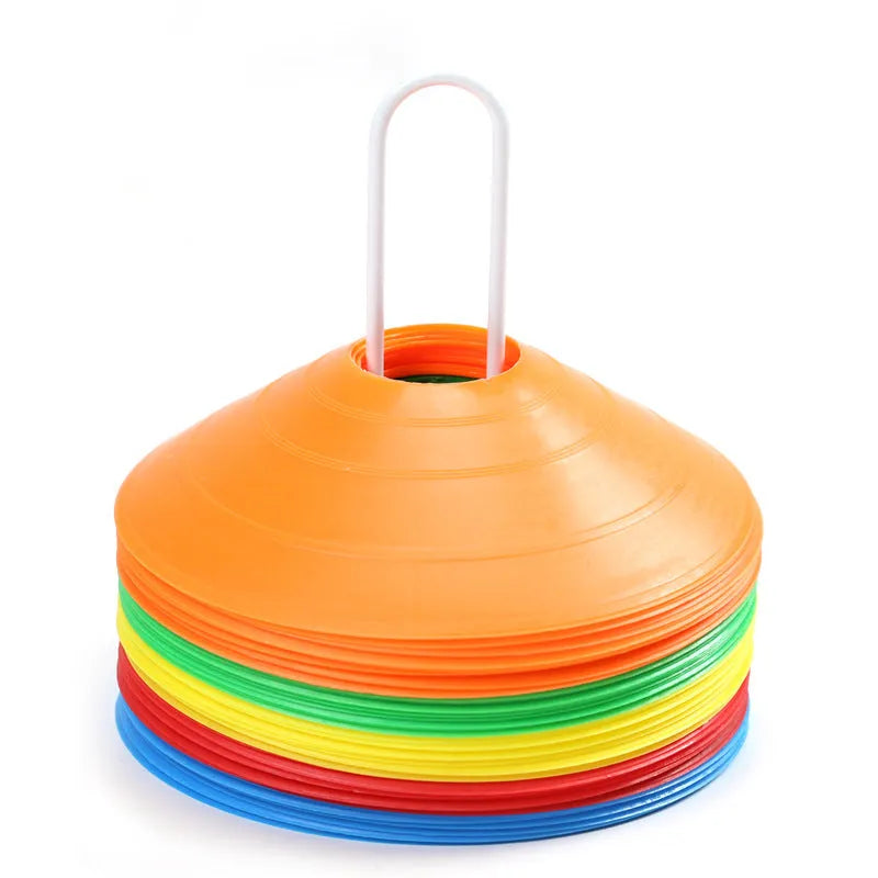 PE football training round hole sign plates, 19cm x 5cm, in yellow, red, blue, black, green, orange, and white.