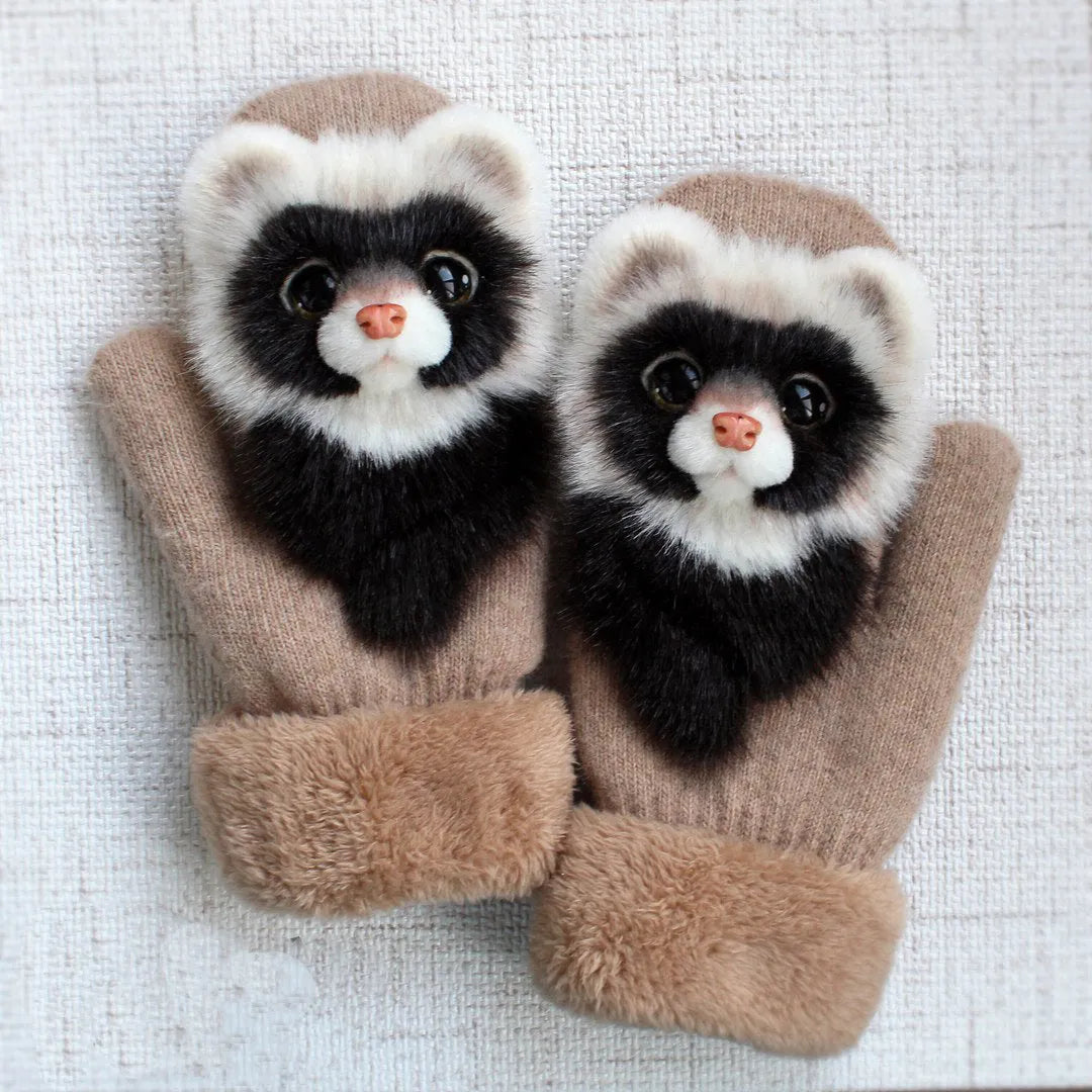 Cartoon animal fleece lined childrens knitted mittens 28cm total length one size