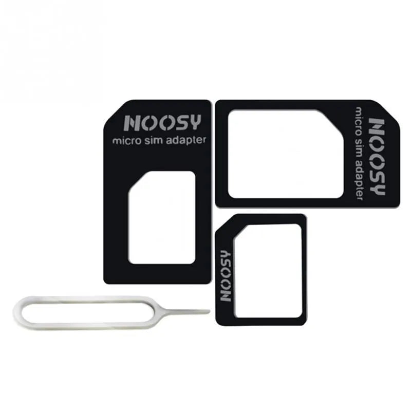 Three-piece SIM card kit showing nano, micro, and standard sizes in black and white colours.