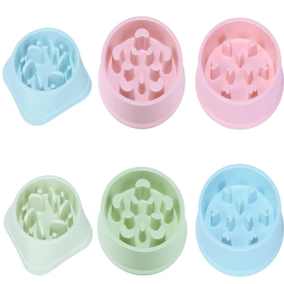 Blue plastic pet bowl with anti-choking slow feeding puzzle pattern for dogs and cats