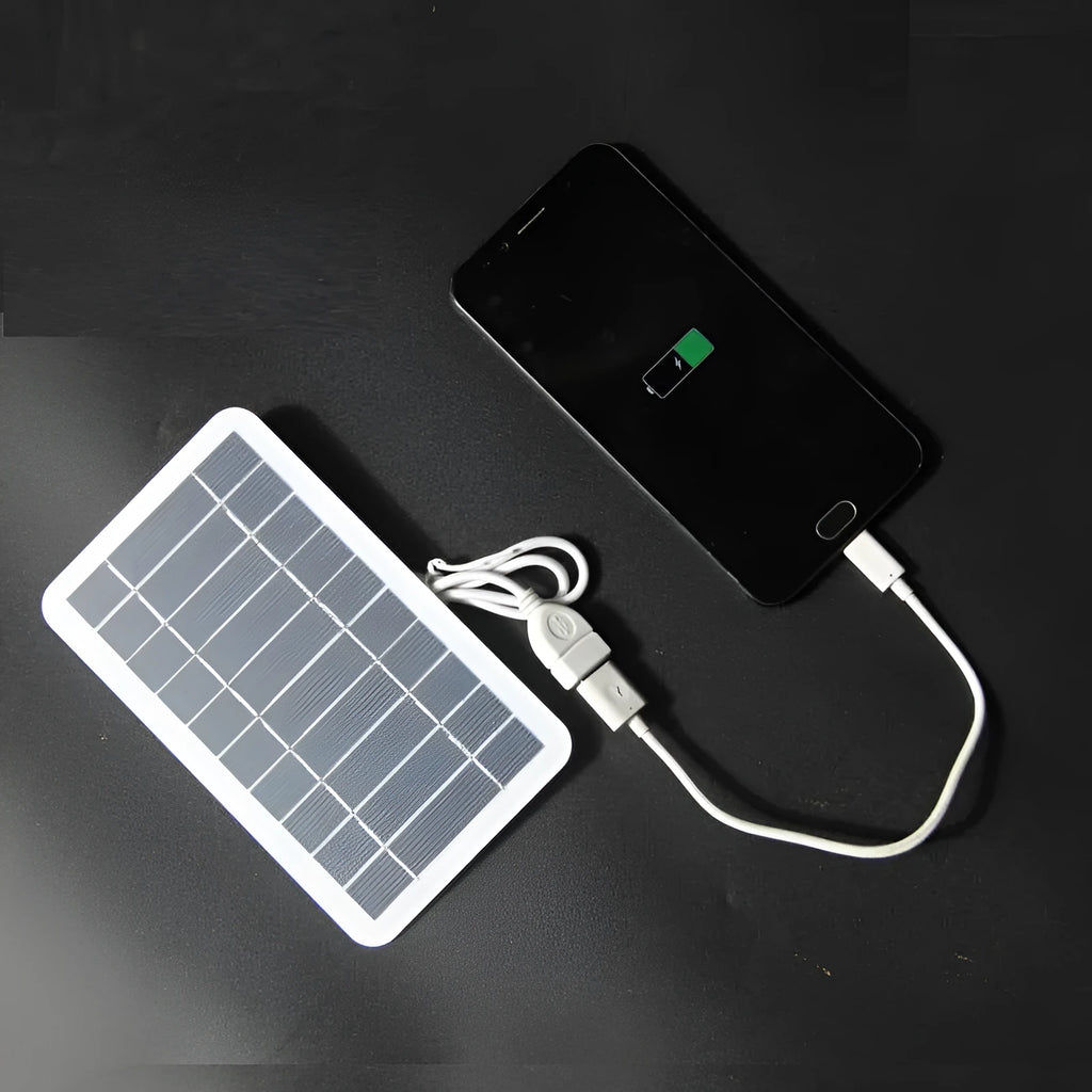 Portable 2W solar panel charger measuring 157x94mm with USB cable