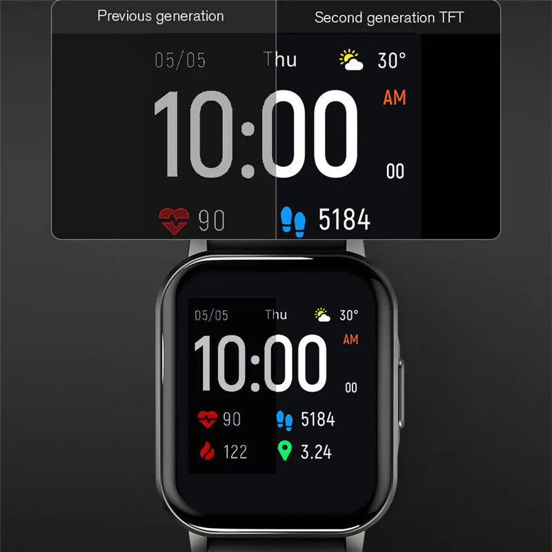 Black waterproof smart bracelet with touchscreen showing heart rate data on a silicone strap