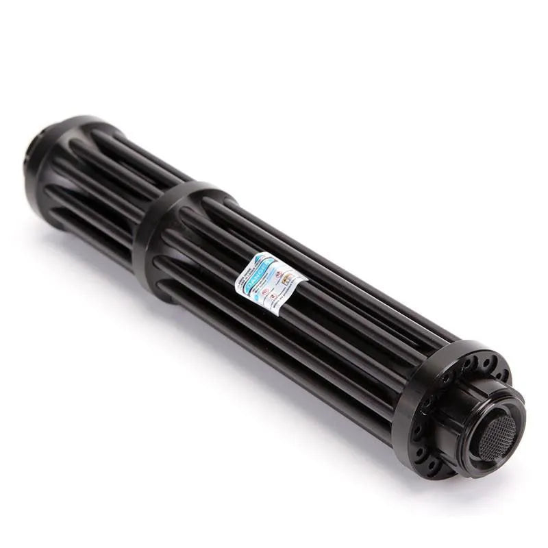 Black aluminium tactical flashlight with laser indicator showing tail switch and 168mm length