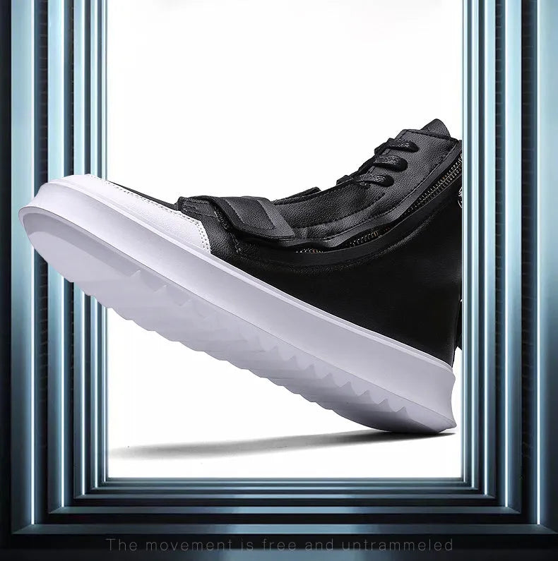 Men's black and white PU leather ankle boots in high-top sneaker style with winter boot design