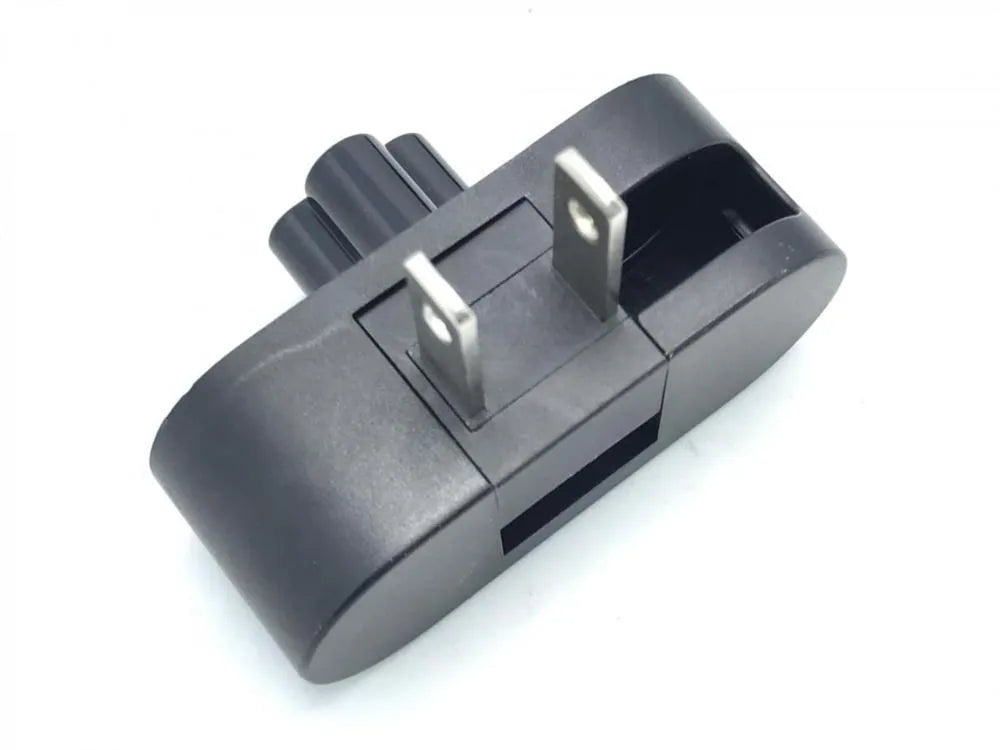 Black folding notebook power plug with two forks and plum tail connector in straight and angled positions
