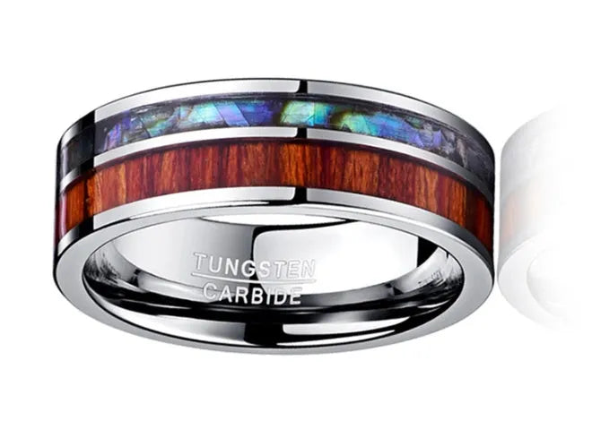 8mm wide tungsten steel ring with polished wood grain finish on a white background