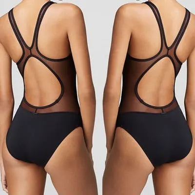 Women's black retro wave high waist Siamese swimsuit with triangle top on model, polyester acrylic blend