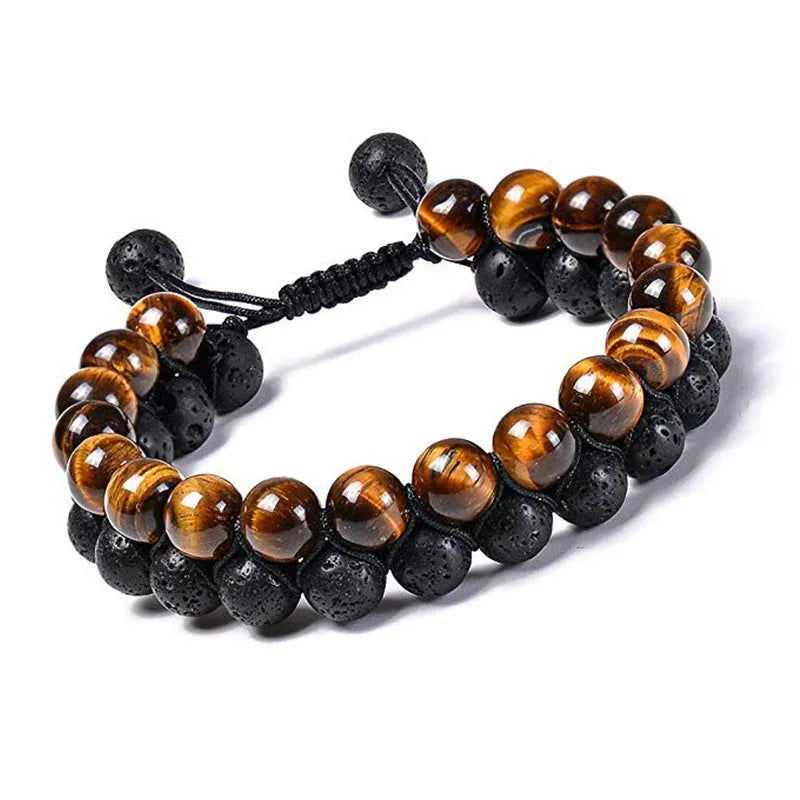 Matte black agate couple bracelets with geometric beads and tiger eye design