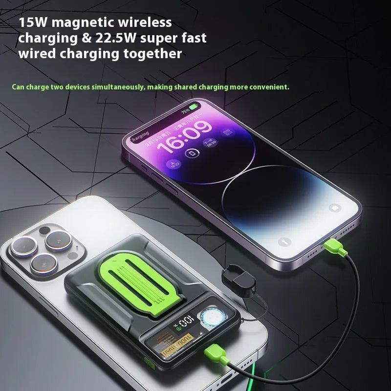 Magnetic wireless power bank with air cooling and detachable strip line on white background