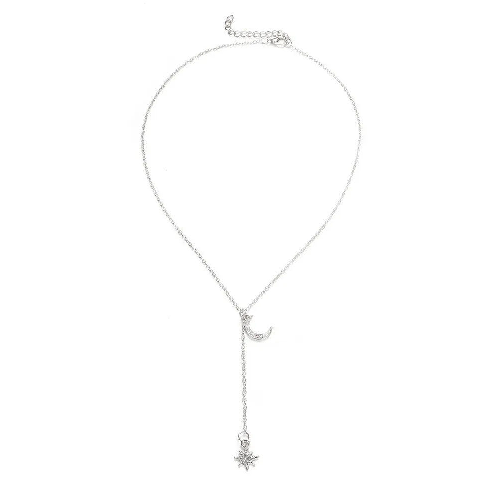Retro moon sun star women's necklace, gold or silver plated alloy snake bone chain, 51-80cm