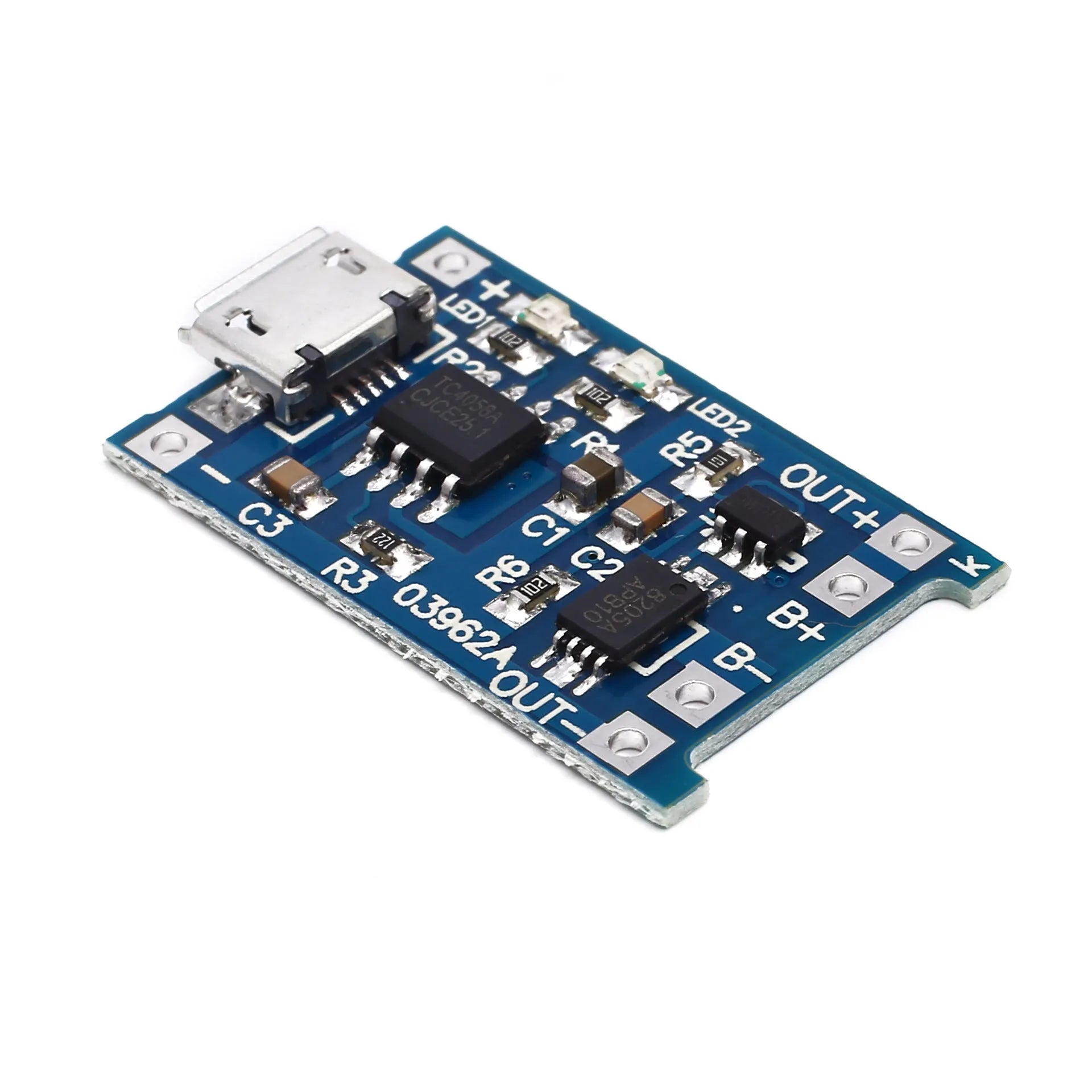 Blue lithium battery charging and protection integrated circuit board.