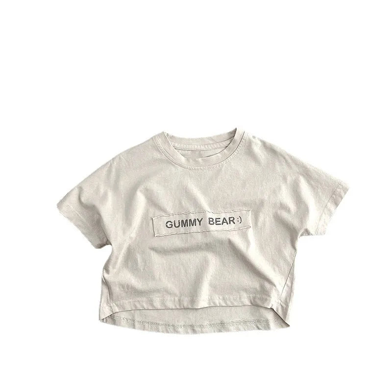 Children's short-sleeve cotton T-shirt in apricot and gray, loose casual fit, suitable for 80-130cm height kids