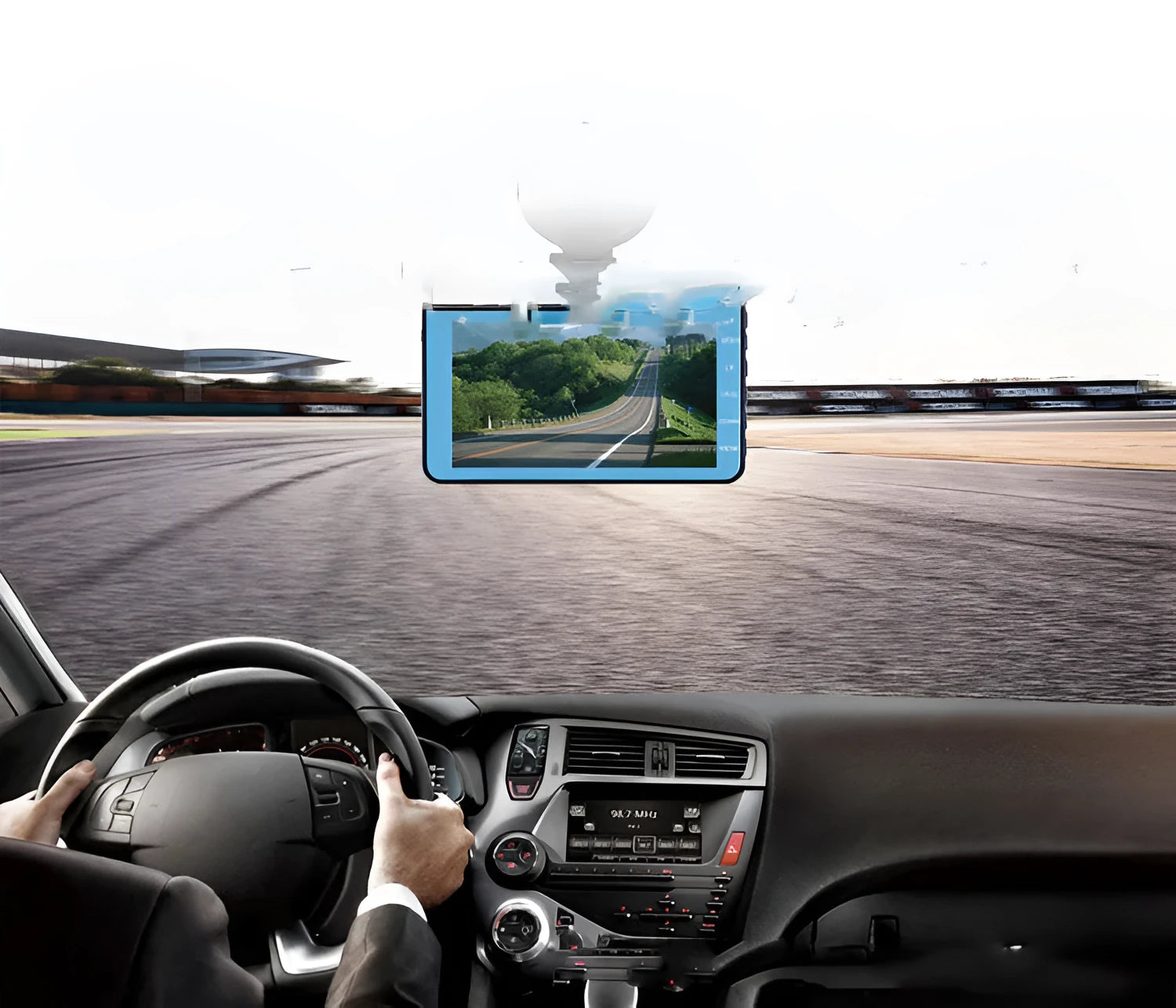 4-inch touch screen driving recorder with HD night vision and 170° wide-angle lens mounted on windscreen