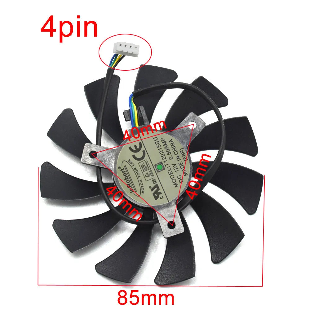 Black 85mm square PC cooling fan with four blades and a 4-pin power cable connector