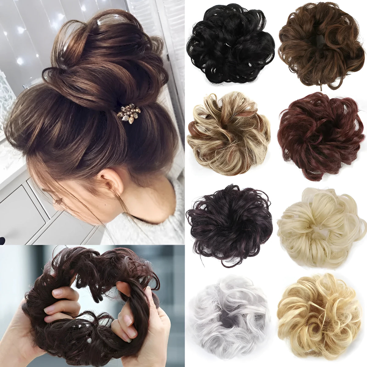 Wig hair circle synthetic hair band with adjustable elastic, heat resistant, in Jet Black or Auburn, for buns and ponytails.
