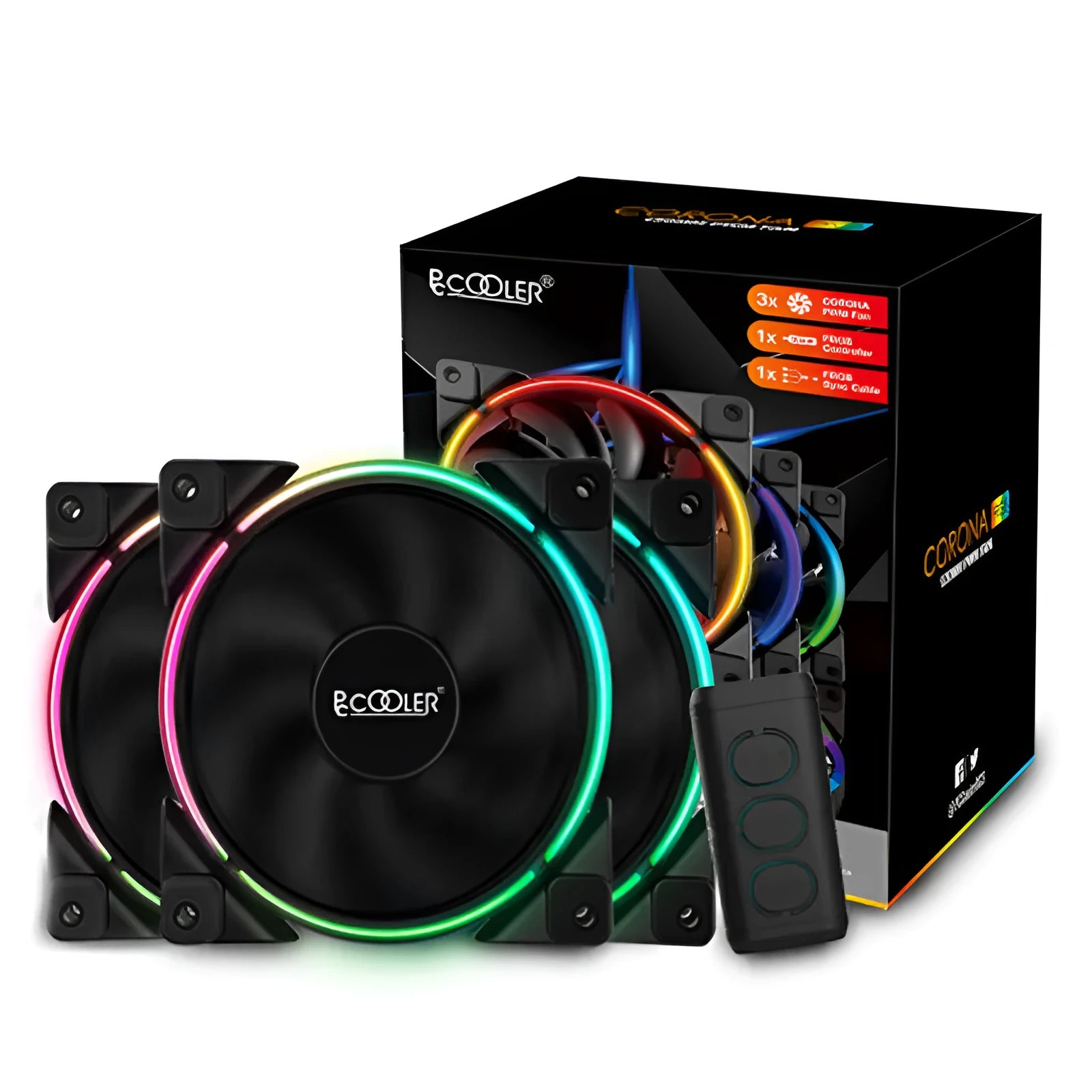 Set of three black 120mm RGB illuminated PC cooling fans for computer case installation.