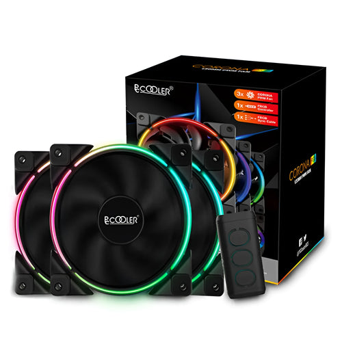 Set of three black 120mm RGB illuminated PC cooling fans for computer case installation.