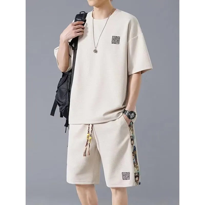 Waffle embroidery two-piece set with short sleeve top and shorts in thin polyester, summer sports style, sizes M-5XL
