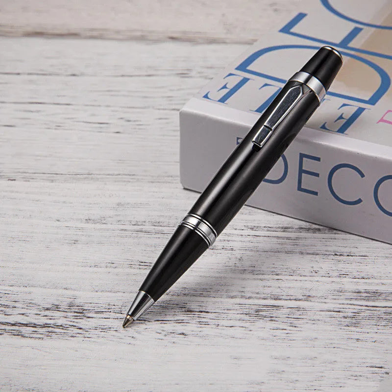 Short black metal ballpoint pen with rotating mechanism shown retracted and extended.