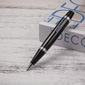 Short black metal ballpoint pen with rotating mechanism shown retracted and extended.