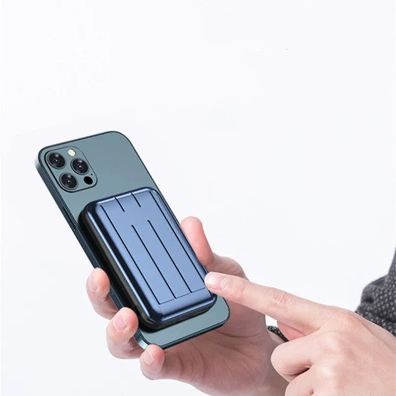 Blue magnetic wireless power bank showing size and multi-U port