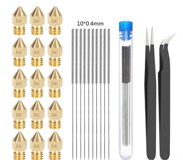 Brass MK8 nozzles and a stainless steel cleaning pin for 3D printer maintenance.