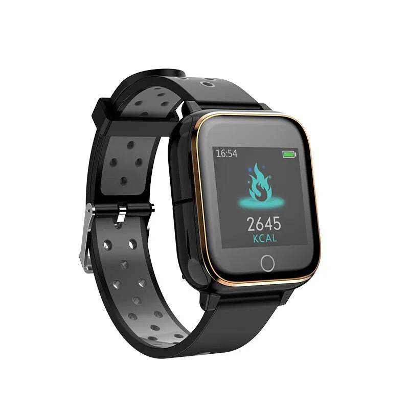 Black smartwatch with integrated Bluetooth earbuds stored in the watch case for fitness tracking and calls.