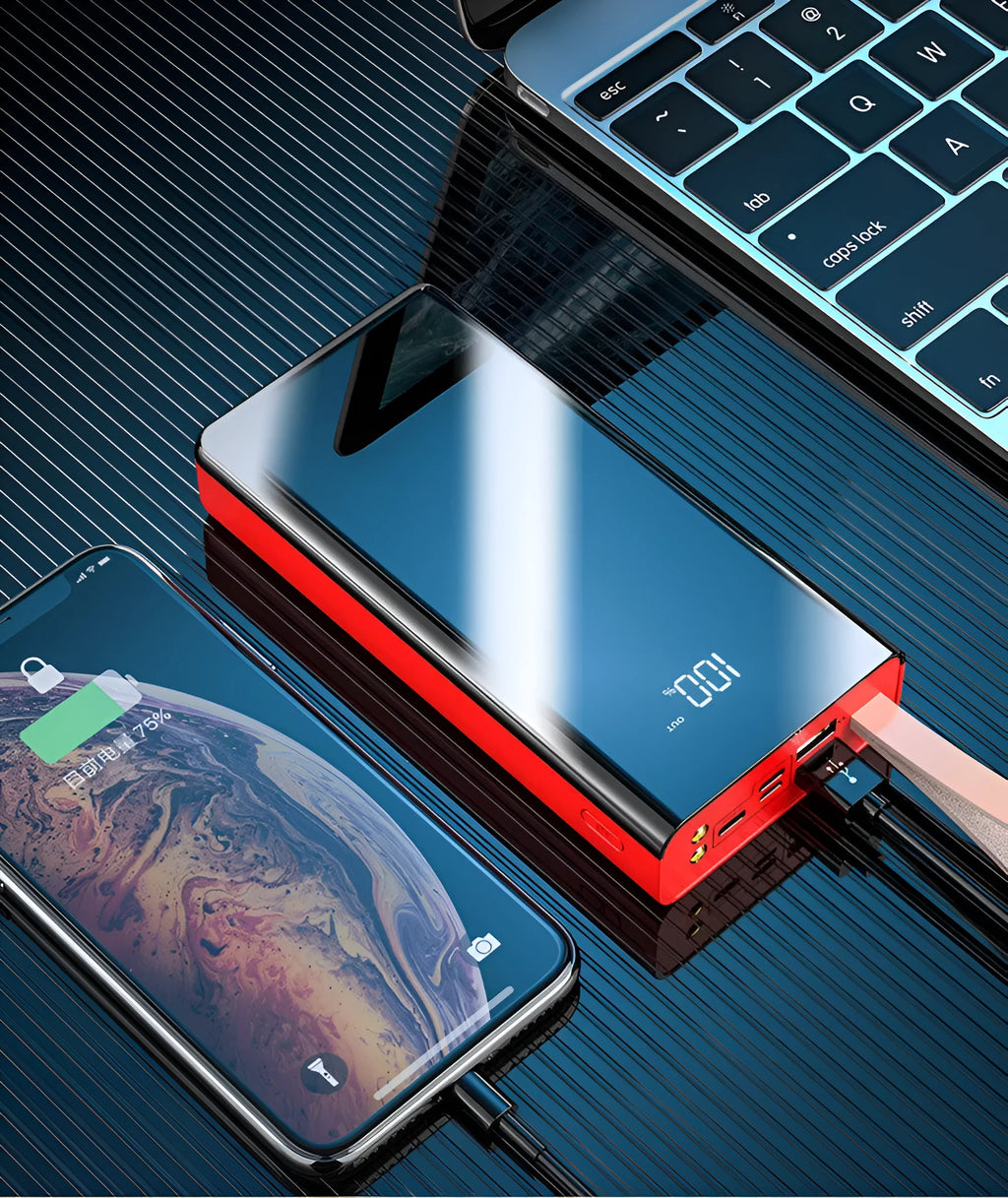 Mirror digital display large capacity power bank 20000mAh or 30000mAh in black, with multi-U port output