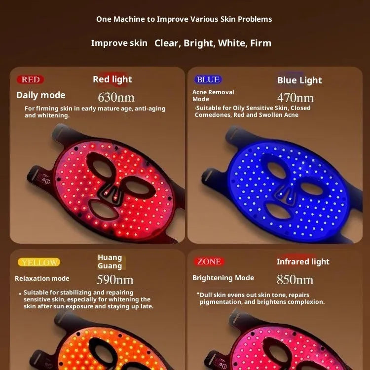 Black rechargeable LED face mask with remote control for red, yellow, and blue light home facial skin care