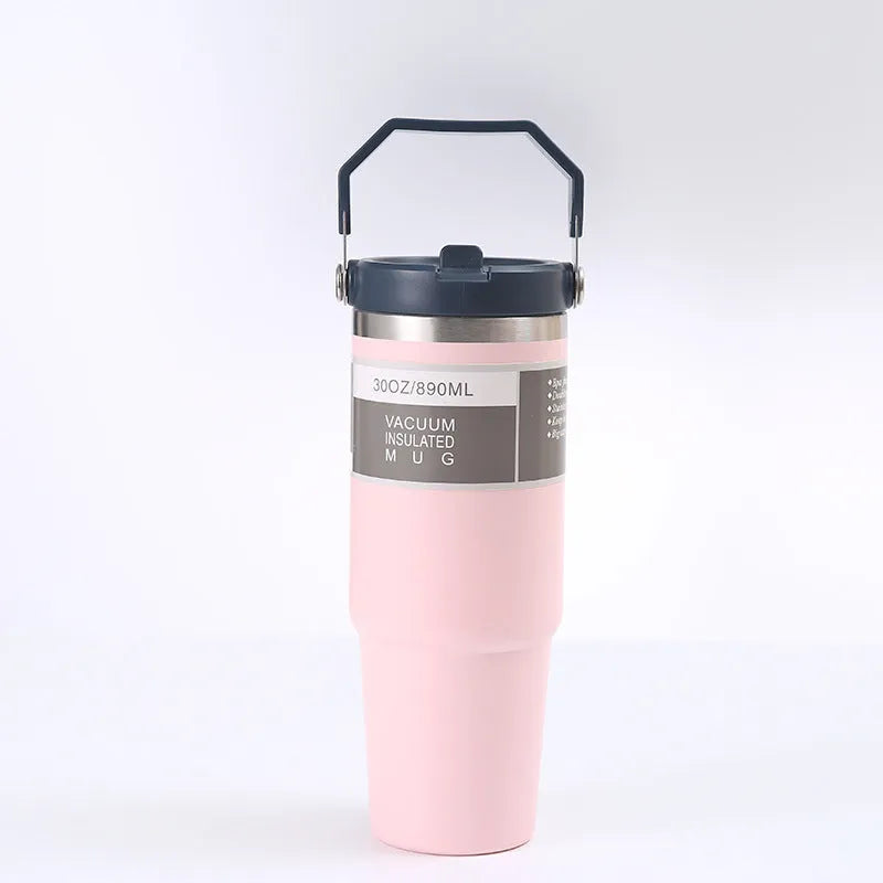 30oz stainless steel travel tumbler with handle and cover in dark pink colour