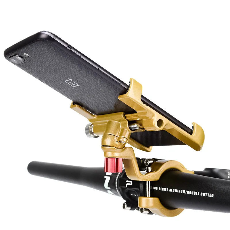 Aluminium alloy motorcycle phone holder with 360 degree rotation, bold screws and bold revolving stem, in black, gold, silver or titanium.